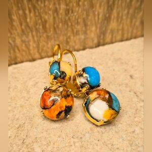 Genuine Oyster Copper Turquoise In Two Stone Setting Gold Plated Earrings